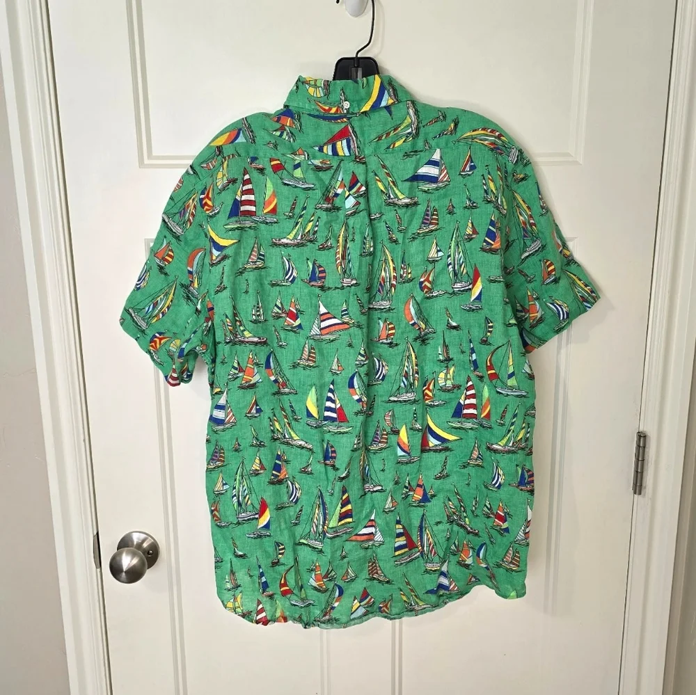 Polo Ralph Lauren 100% Linen Shirt Sailboat Regatta Men's Large Short‎ Sleeve